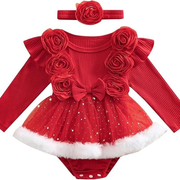 🎄Fancy Baby Girl Christmas Bodysuit with Tutu + Matching Headband - Picture 1 of 11